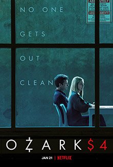 Ozark poster with "No One Gets Out Clean" over an image of two people sitting behind a desk