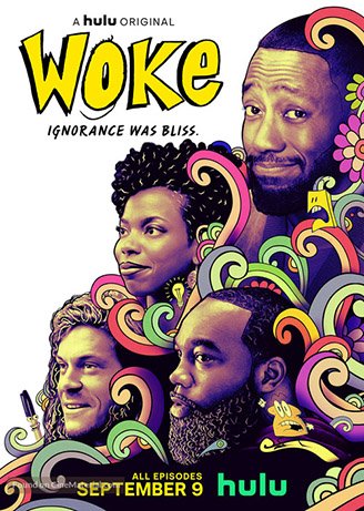 Woke poster with four actors’ heads among swirls in various colors