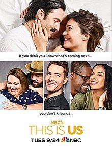 This is Us poster with a couple on the top image, a couple bottom left image, a man center image, and a couple bottom right image