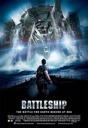 Battleship poster with a man standing in front of a ship rising from the ocean