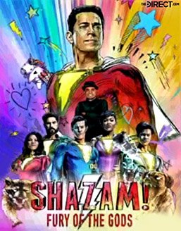 Shazam: Fury of the Gods poster with stylized drawings of the heroes