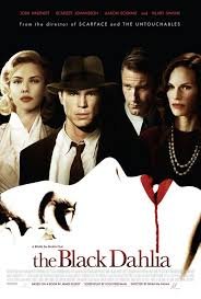 The Black Dahlia poster with a woman on her back with blood trickling from her red lips. Four people stand behind.