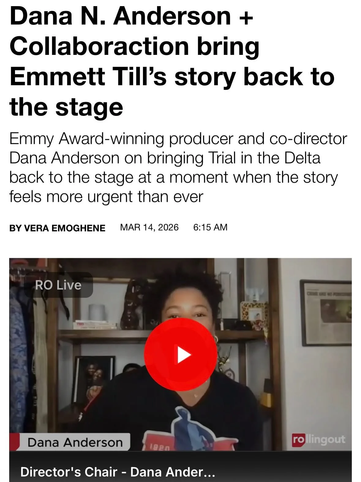I had the chance to join Vera Emoghene on Rolling Out&rsquo;s Director&rsquo;s Chair last week. We talked shop&mdash;Collaboraction Theatre&rsquo;s signature immersive style, honoring Mamie Till&rsquo;s legacy, and the real impact of art.

TITD just 