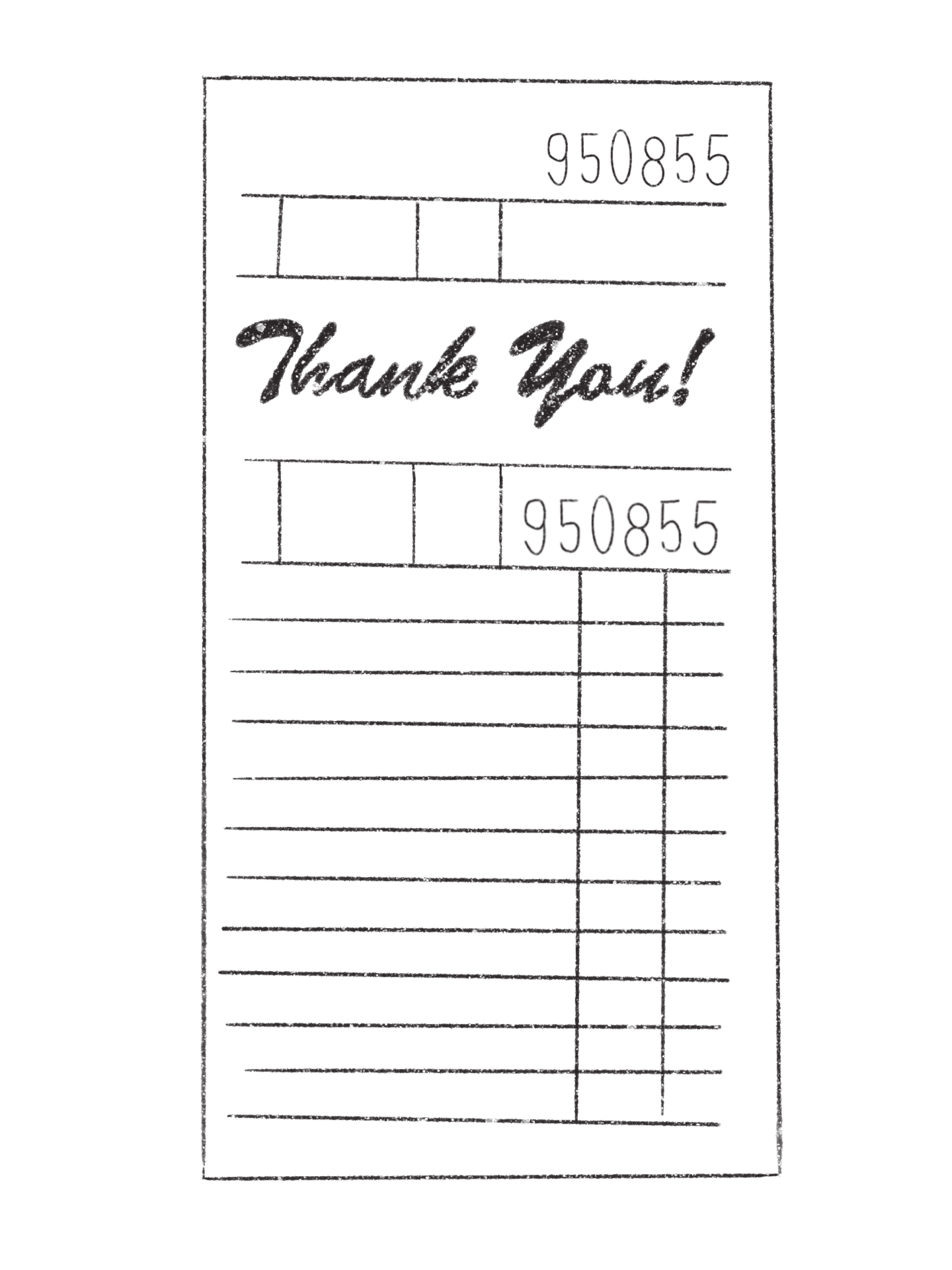 A scanned receipt with the number 950855 at the top and bottom, with the phrase "Thank You!" in the middle, and a series of horizontal and vertical lines forming a grid pattern.