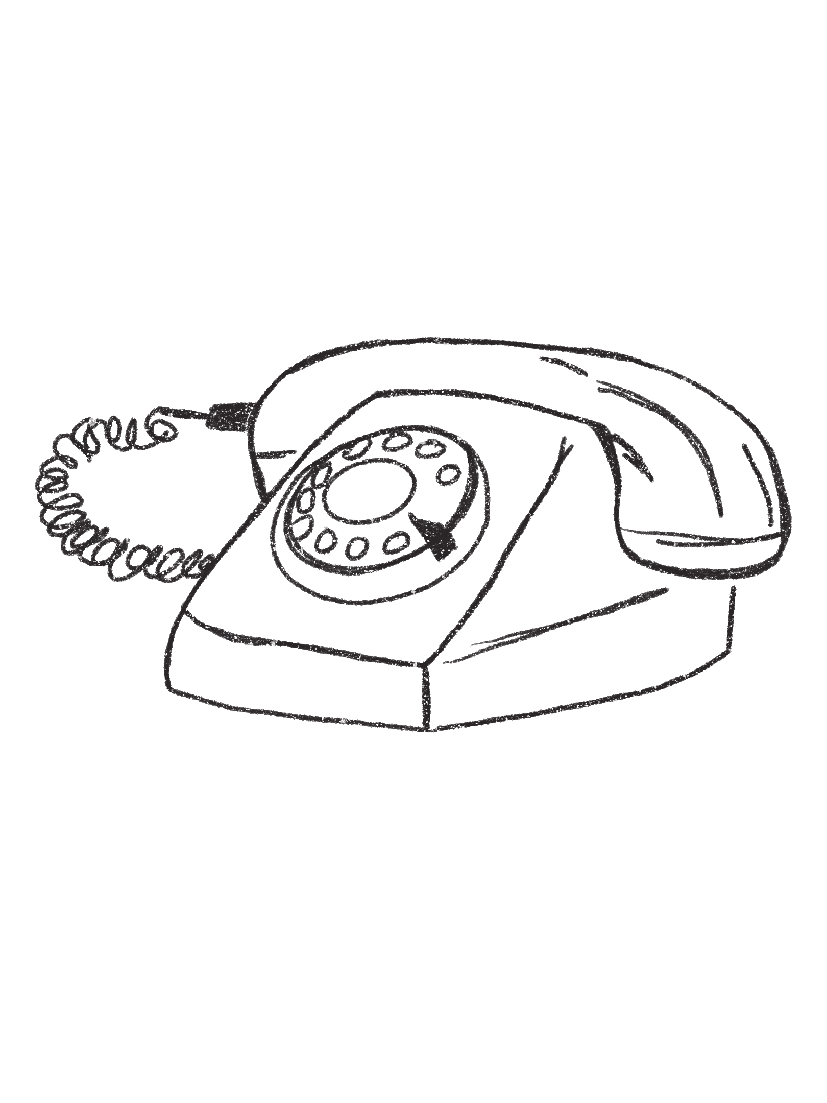 A line drawing of a vintage rotary telephone on a black background.
