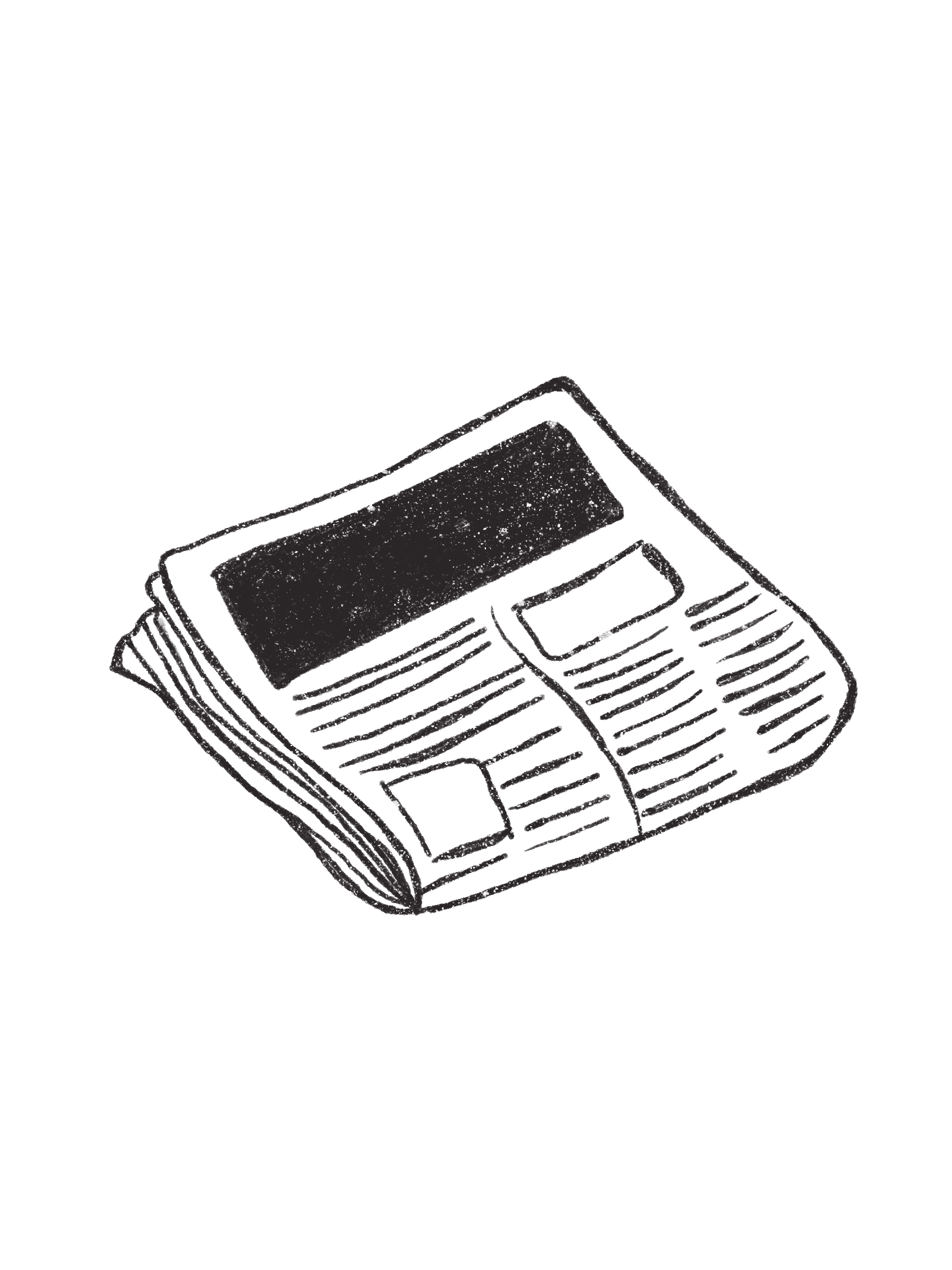 A black and white illustration of a newspaper with headlines and articles.