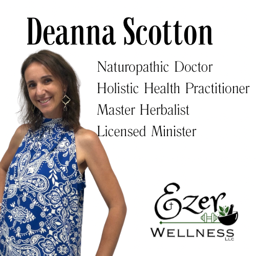 Business card for Deanna Scotton, Naturopathic Doctor, Holistic Health Practitioner, Master Herbalist, Licensed Minister, with a photo of her smiling, wearing a blue and white patterned sleeveless dress, and the wellness logo for Ezzer Wellness LLC.