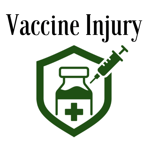 A graphic with the words 'Vaccine Injury' above a shield containing a syringe and a medicine bottle with a medical cross.