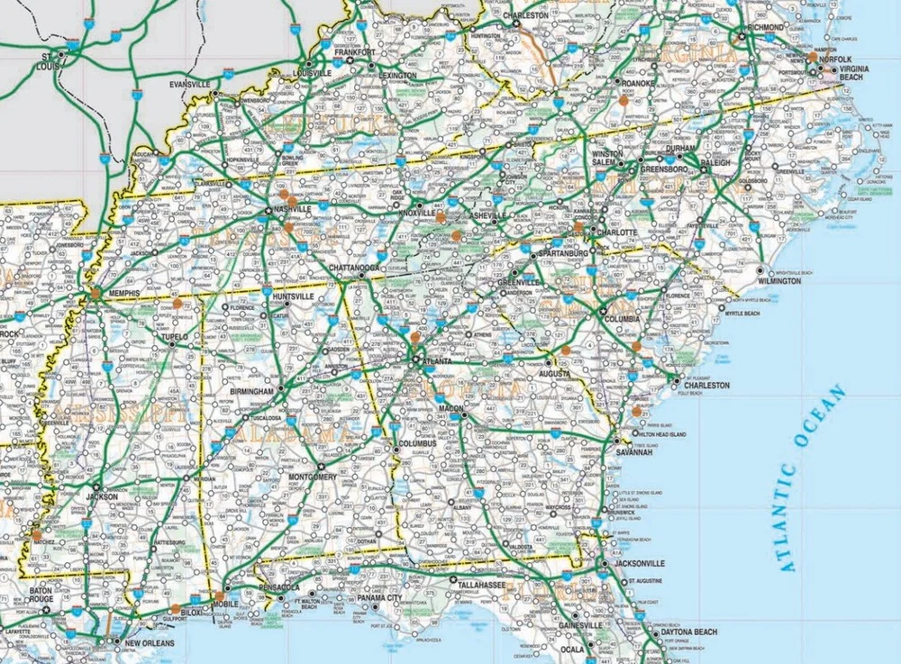 Southeastern United States map showing state boundaries, interstate highways and target investment markets