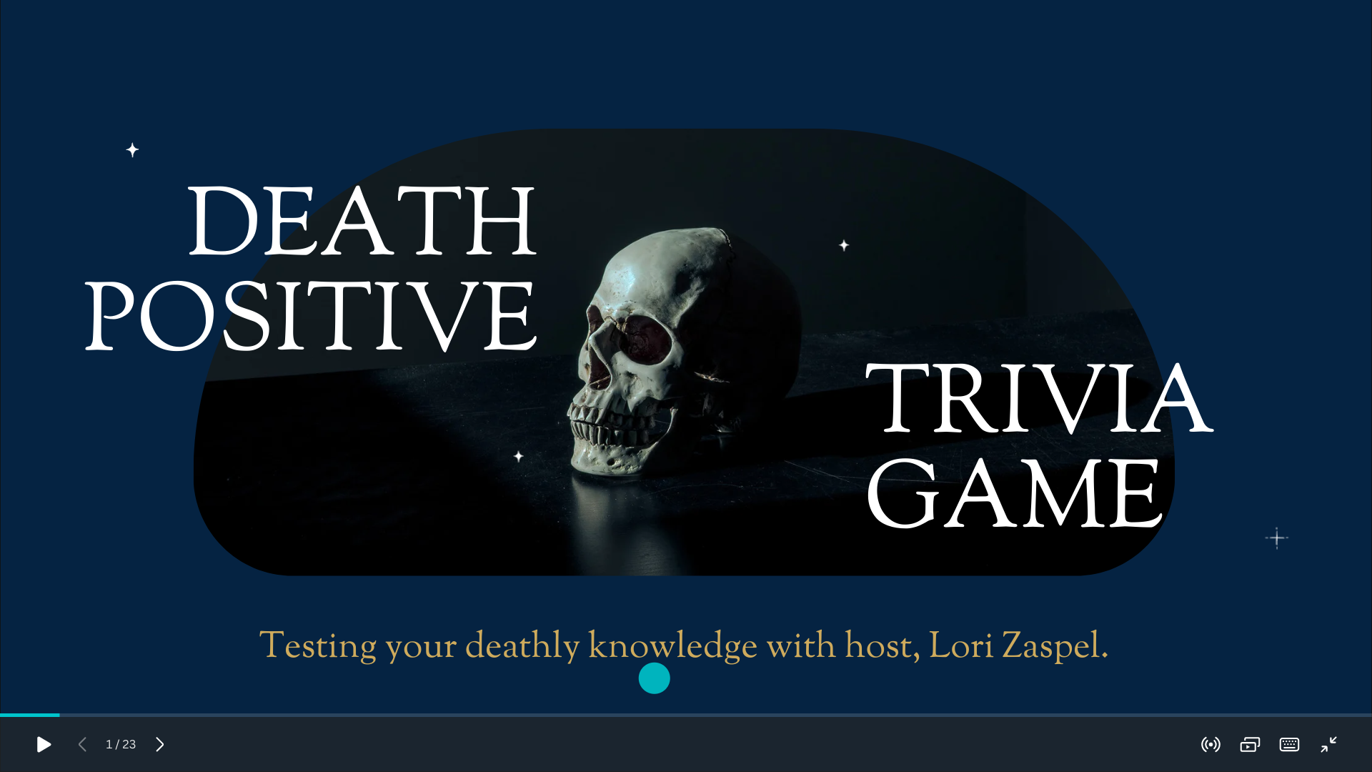 Skull with the text 'Death Positive Trivia Game' against a dark background.