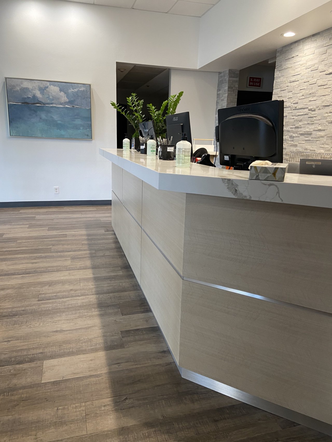 Modern custom made reception desk with computes, potted plants, wooden floor, decorative wall art, and ambient lighting.