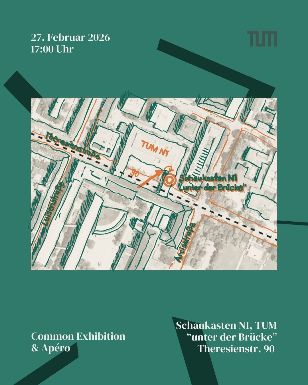Anfahrt Schaukasten TUM Parity Jour Fixe Special TUM 27.02.2026, Ausstellung Gender Lehraufträge, WS 25/26, Kommunikation, Macht und Rollenbilder in der Architektur, Sandra Cabrales, Henriette Lutz,