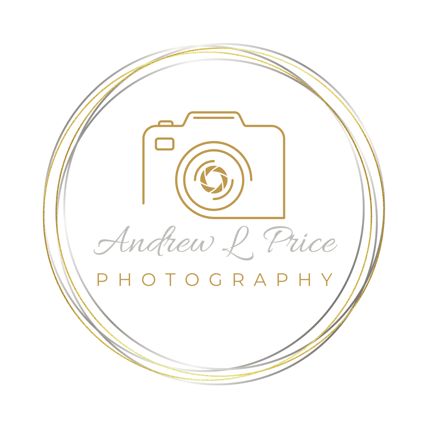 A digitally distorted image of a circular emblem, with a gold and silver outer ring and a partly obscured text inside. Andrew L Price Photography logo.