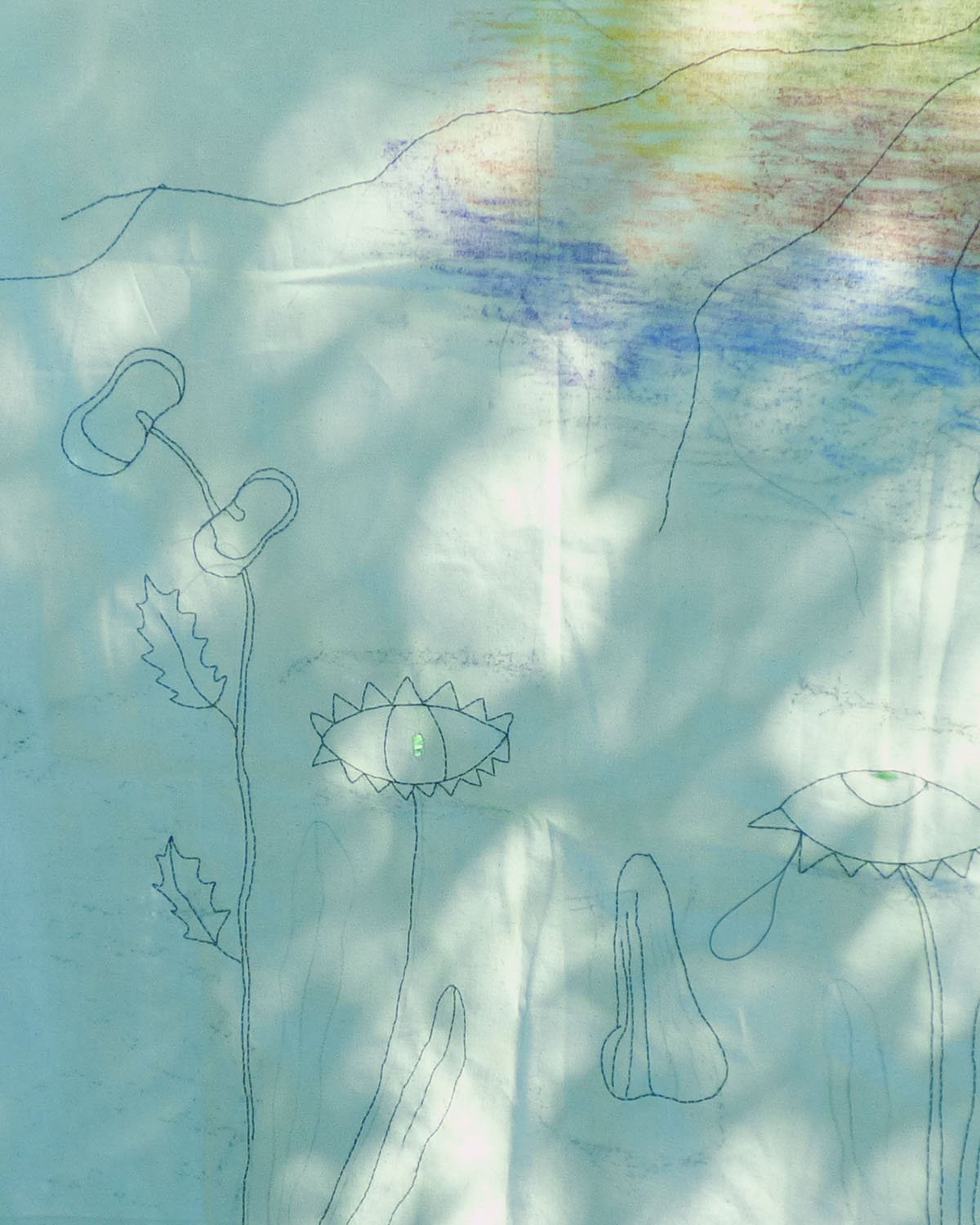 The Senses I (embroidery and soft pastel on cotton canvas; detail)