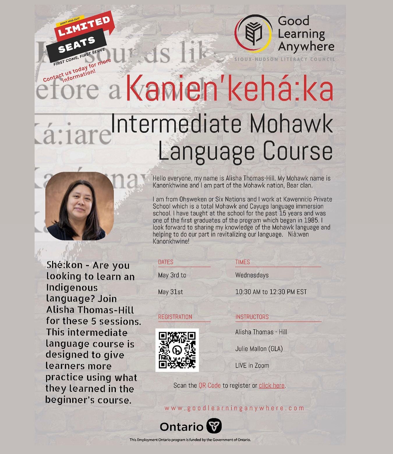 Interested in continuing your journey in the Kanien&rsquo;keh&aacute;:ka language? Register for the Intermediate Mohawk Language Course! 

Every Wednesdays starting May 3rd to May 31st from 10:30-12:30 PM EST. 

Register at the link in our bio: https