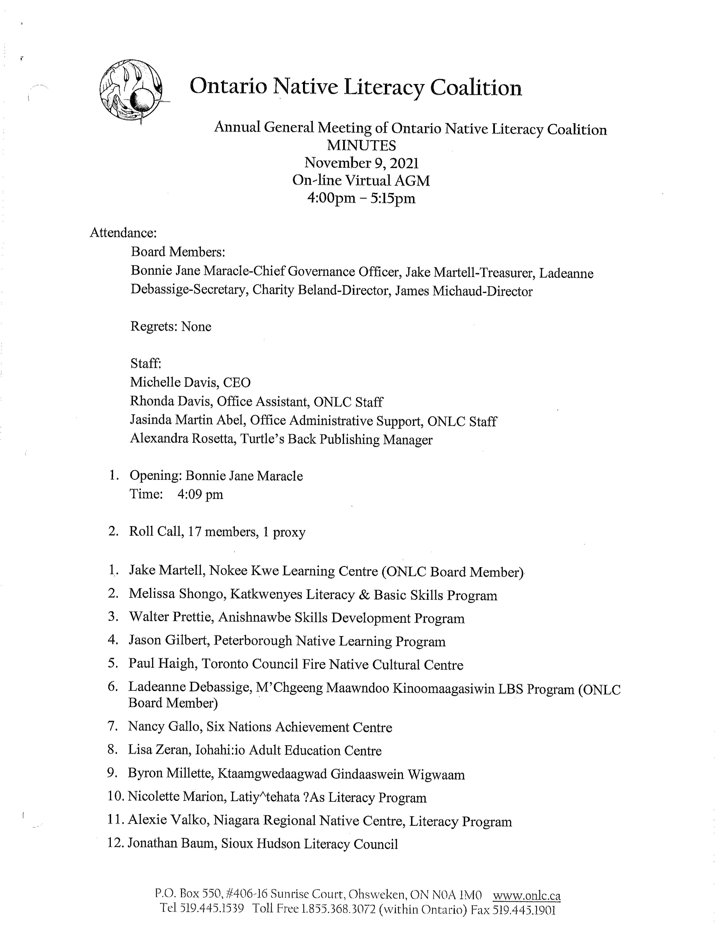 ONLC 33rd AGM Minutes November 9, 2021
