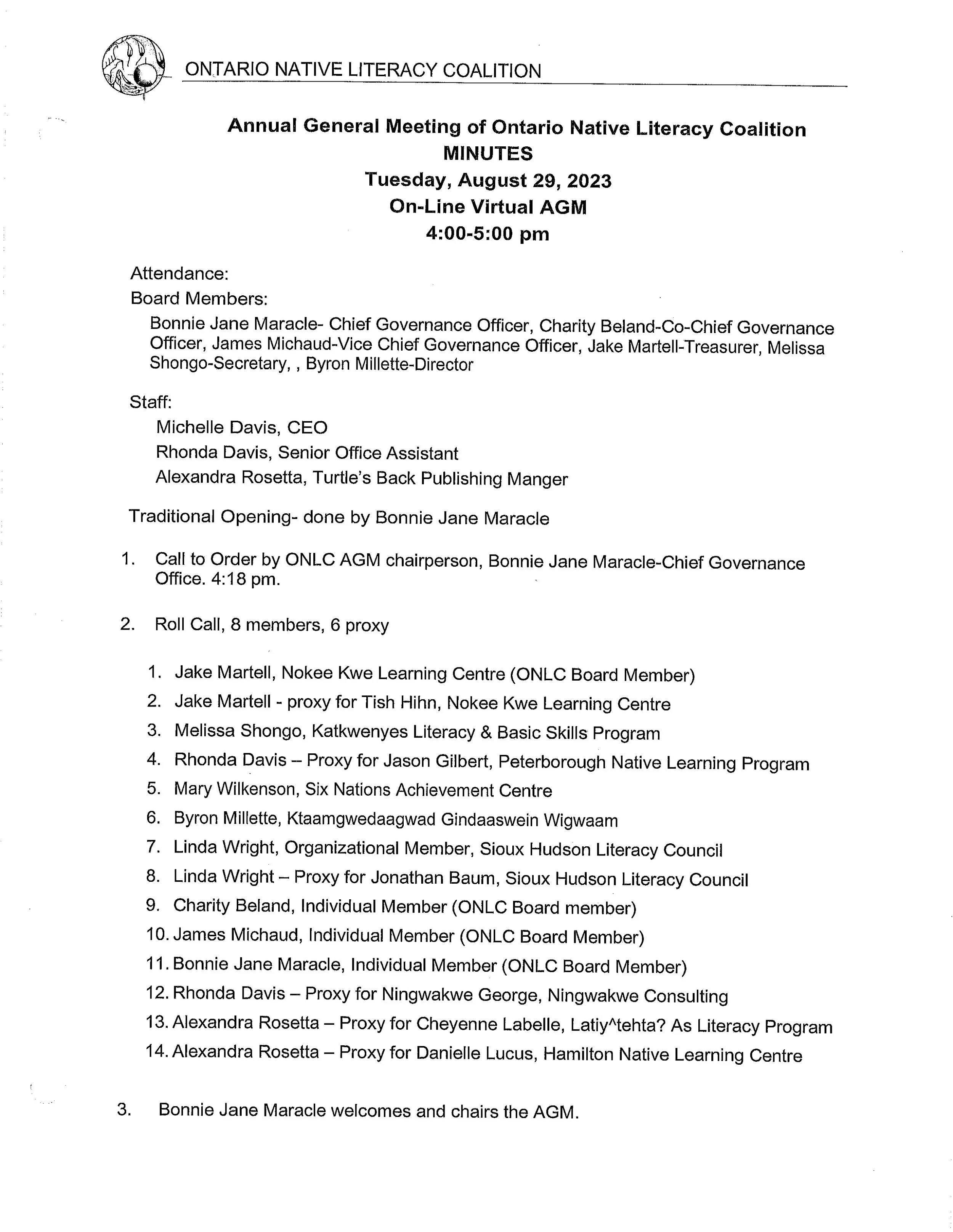 ONLC 35th AGM Minutes - August 29, 2023