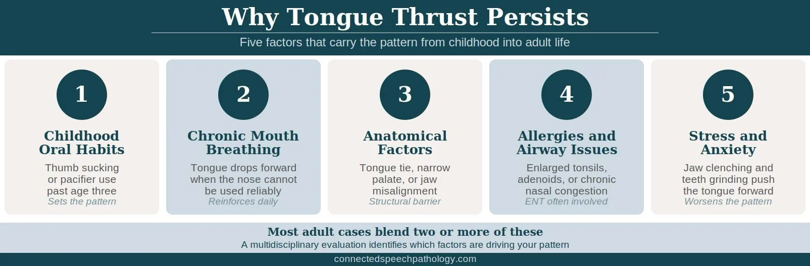 Signs of tongue thrust in adults infographic: causes including childhood habits, mouth breathing, anatomy, and allergies
