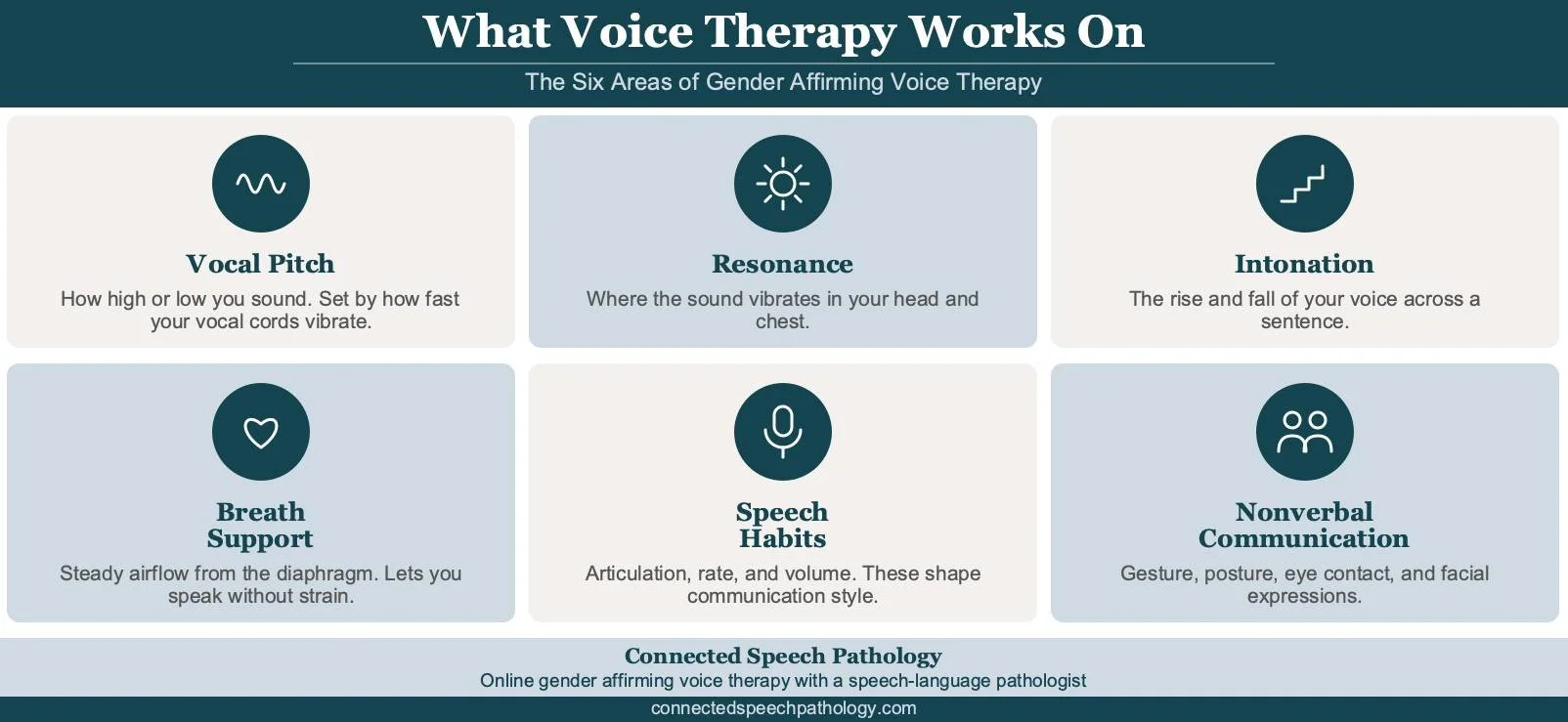Gender affirming voice therapy infographic showing the six areas voice therapy works on: vocal pitch, resonance, intonation, breath support, speech habits, and nonverbal communication