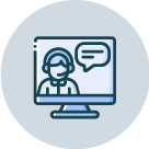 Icon of a person with a headset on a computer screen, representing virtual communication or customer support.