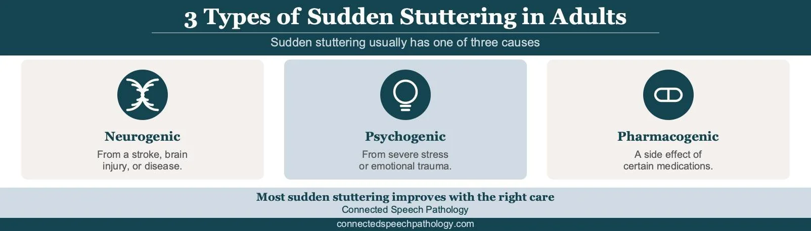 why am i stuttering all of a sudden infographic: the three types of sudden stuttering in adults, neurogenic, psychogenic, and pharmacogenic