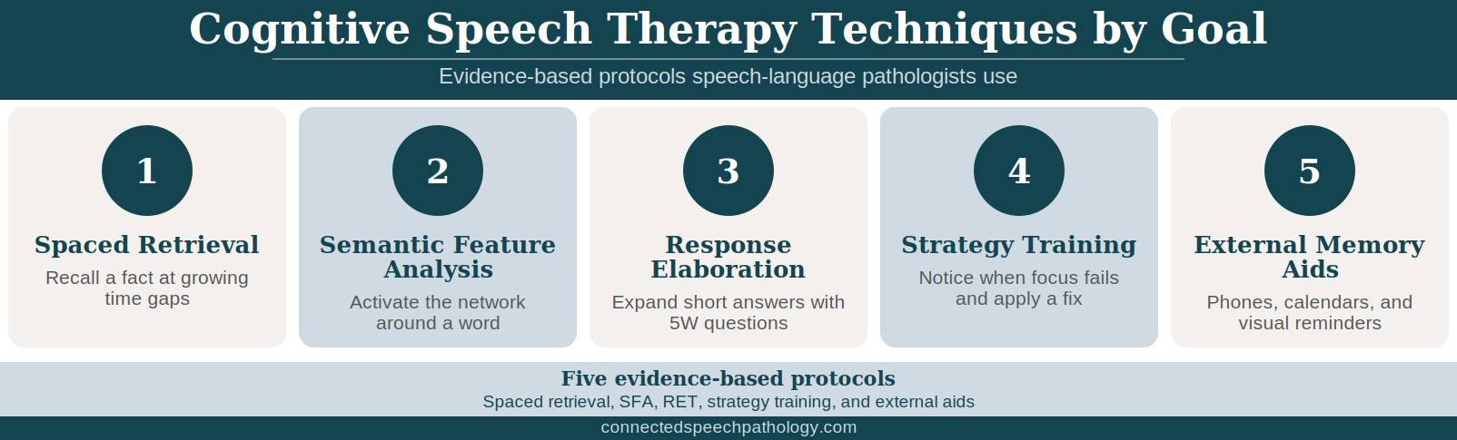 Evidence-Based Techniques Used in Cognitive Speech Therapy. Cognitive Speech Therapy Techniques by Goal infographic