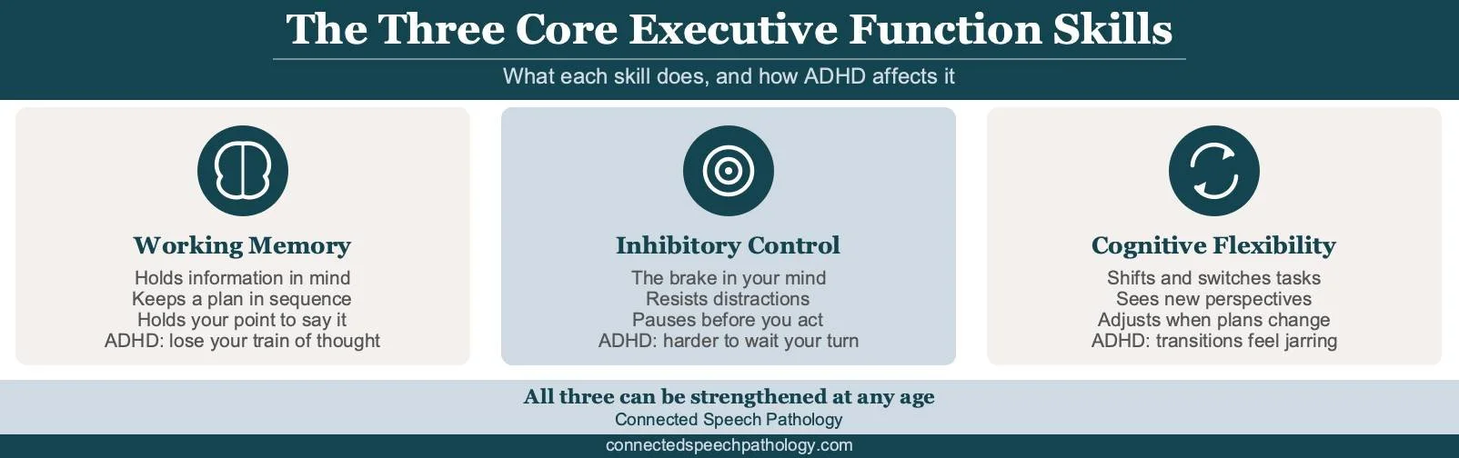 Infographic on the three core executive function skills for ADHD adults: working memory, inhibitory control, and cognitive flexibility.