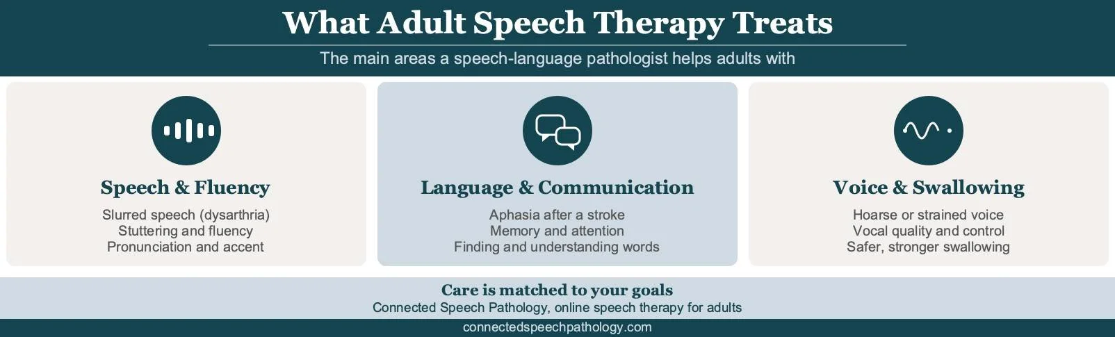 What does a speech therapist do for adults infographic: the speech and fluency, language and communication, and voice and swallowing areas adult speech therapy treats