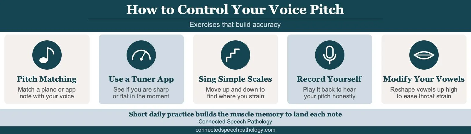 How to control the pitch of your voice infographic: pitch matching, tuner app, singing scales, recording yourself, and vowel modification.