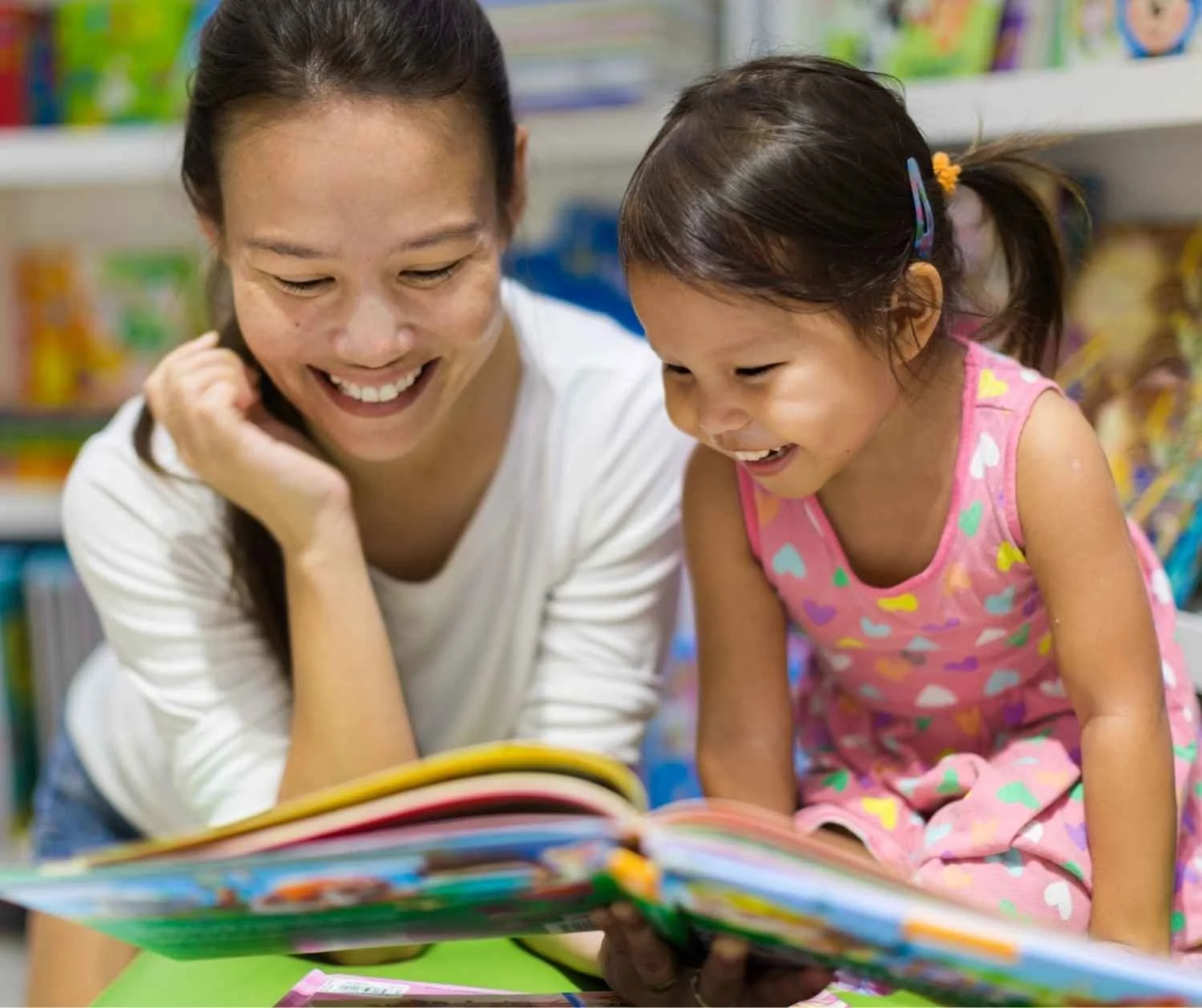 mom and preschooler reading a picture book together