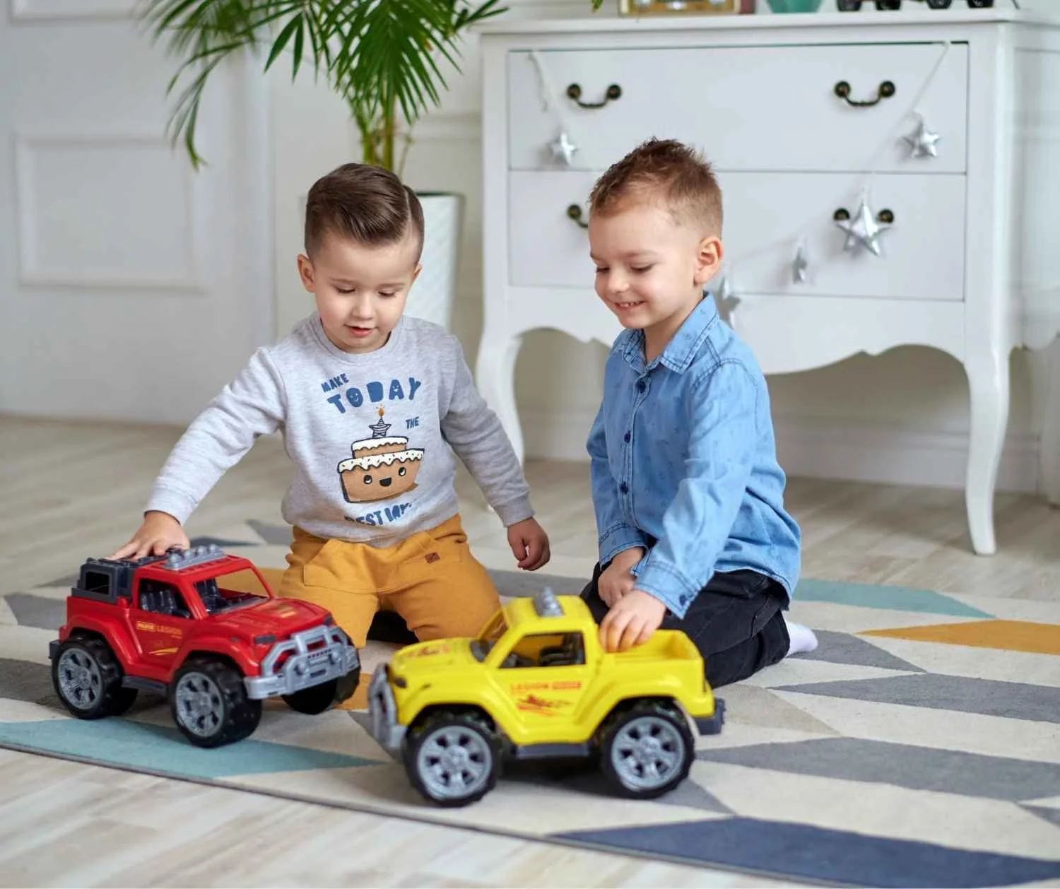 two preschoolers playing pretend together, warm daylight