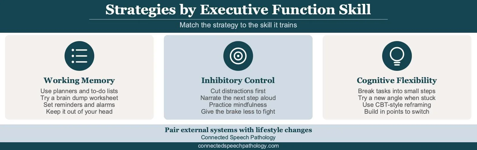 Infographic mapping strategies to each executive function skill, showing how ADHD adults can improve working memory, inhibitory control, and cognitive flexibility.