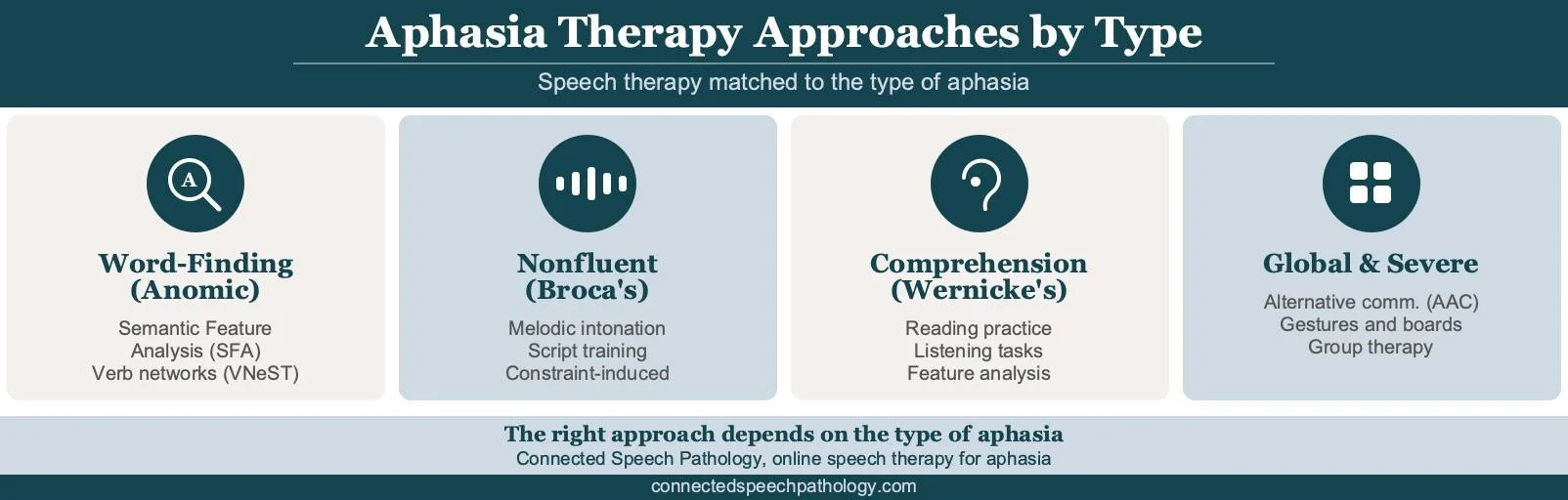 Aphasia therapy approaches matched to aphasia type, including SFA, MIT, Constraint-Induced Language Therapy, and AAC.