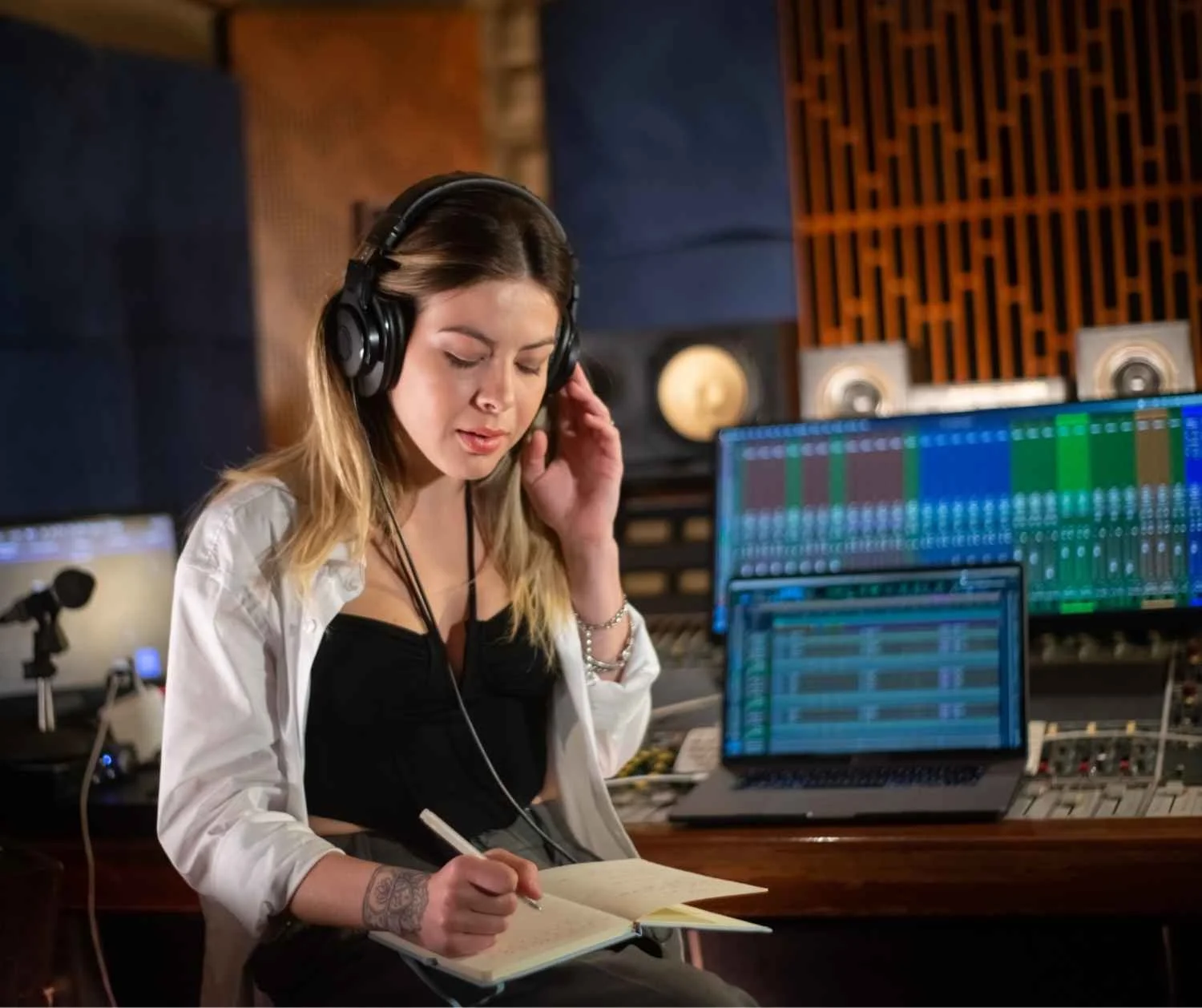 Woman wearing headphones and taking notes while listening to a recording