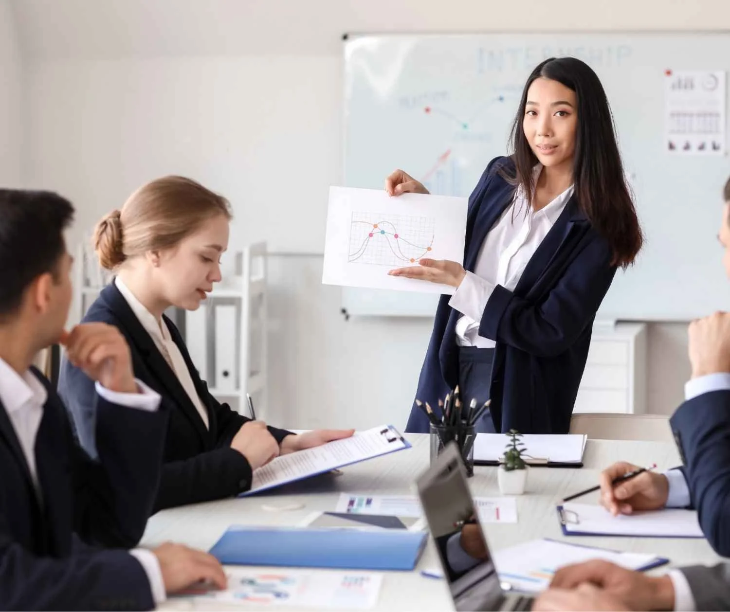 A woman presenting to small team in office