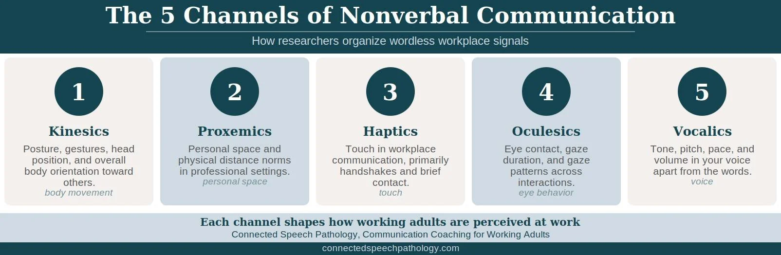 Infographic on the 5 channels of nonverbal communication: kinesics, proxemics, haptics, oculesics, vocalics