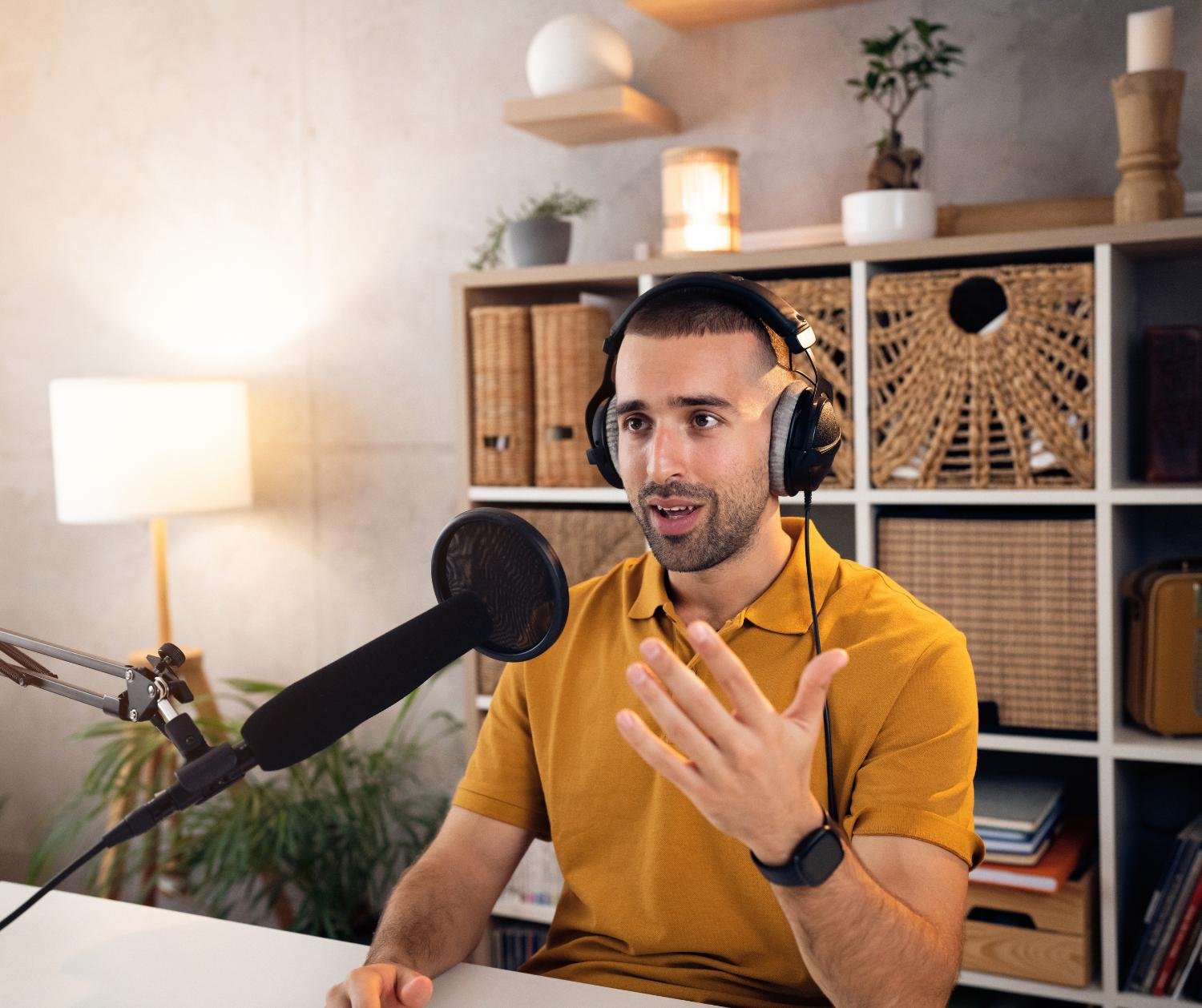 Man at a mic doing his podcast