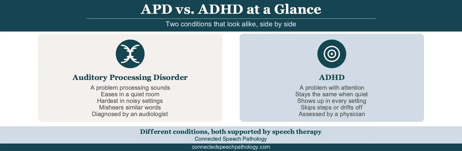 Auditory processing disorder and ADHD infographic: what each affects, the quiet-room test, and who diagnoses each