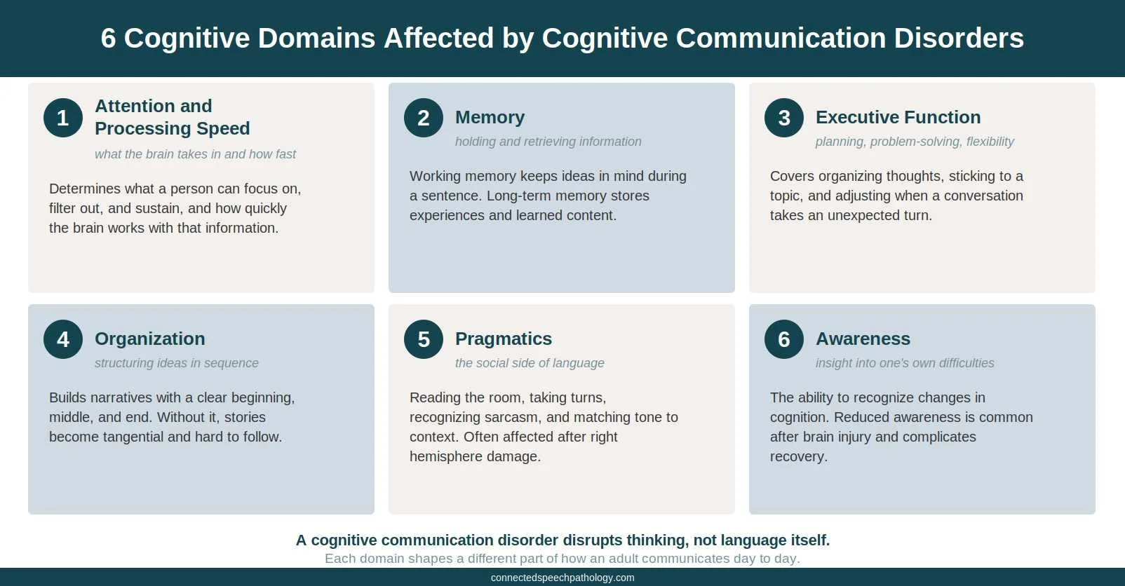 Infographic of Six cognitive domains affected by cognitive communication disorders, including attention and processing speed, memory, executive function, organization, pragmatics, and awareness.
