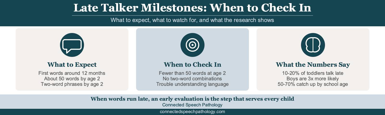 Infographic of late talker milestones and when to check in, with the research numbers on how many late talkers catch up.