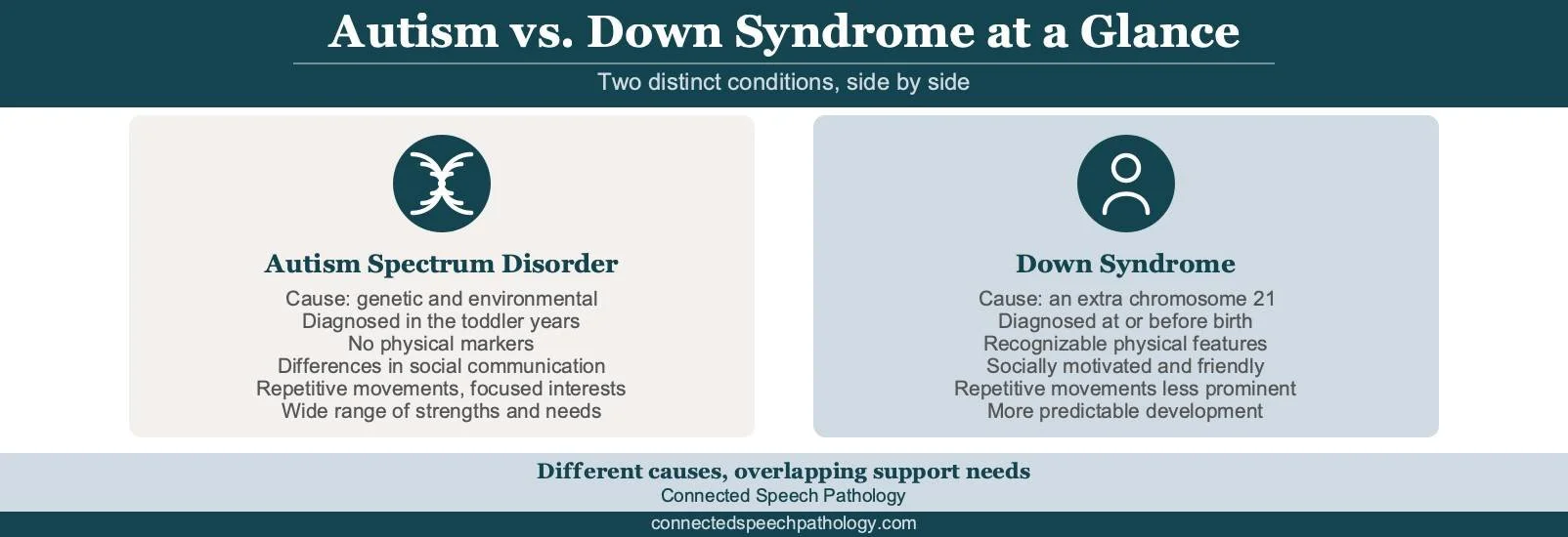 autism vs down syndrome infographic comparing causes, diagnosis, physical features, social style, and behaviors of the two conditions