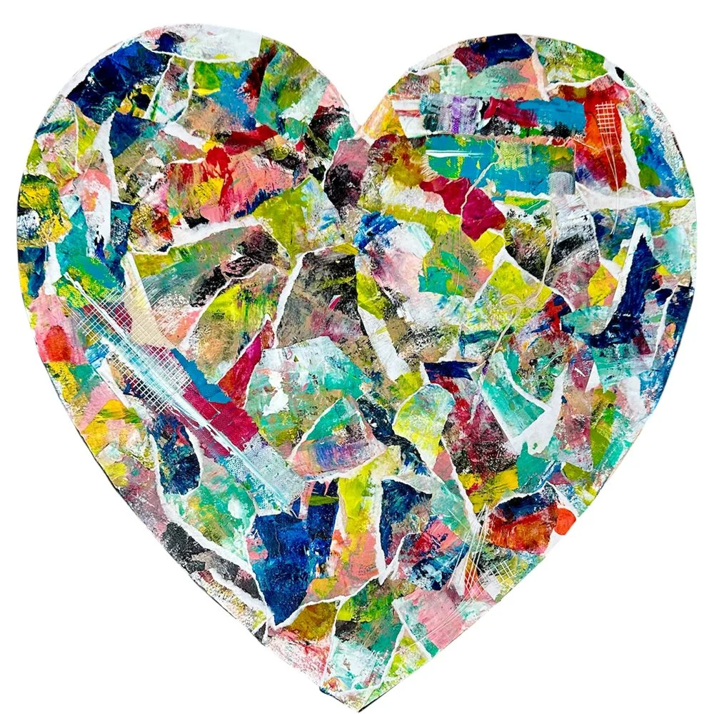 Colourful original heart collage made with layered torn papers and mixed media.