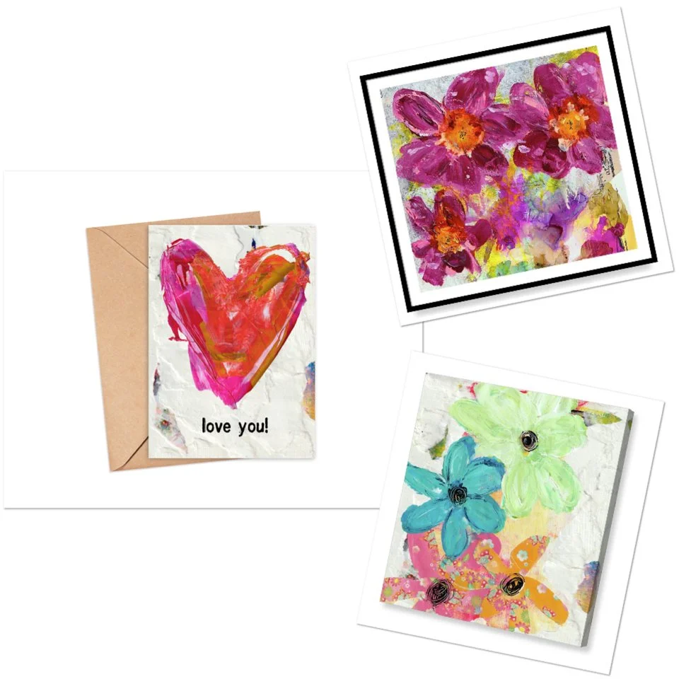 handcrafted greeting cards with abstract heart and floral designs