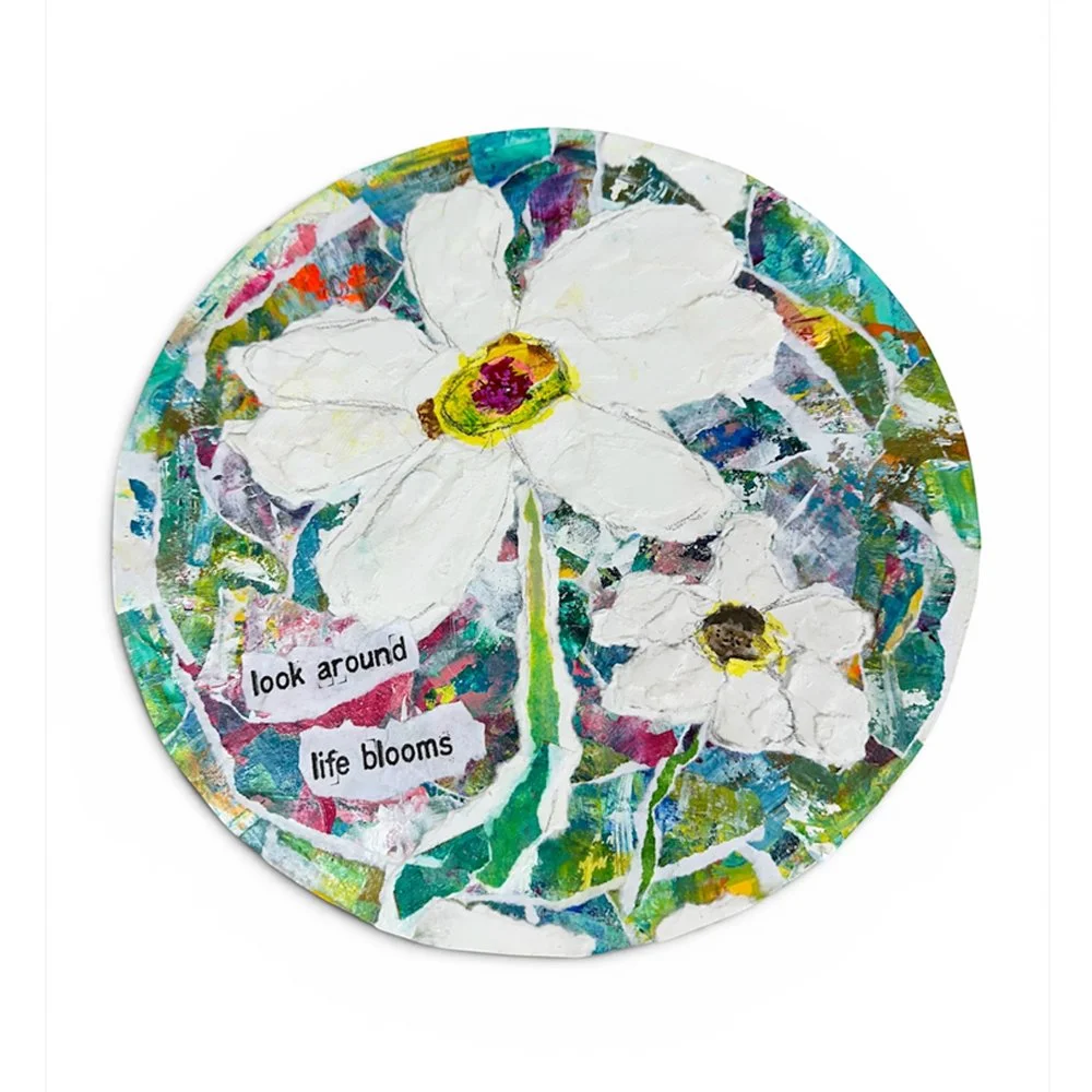 12-Inch Floral Collage Art | Look Around Life Blooms | Original Mixed Media Art