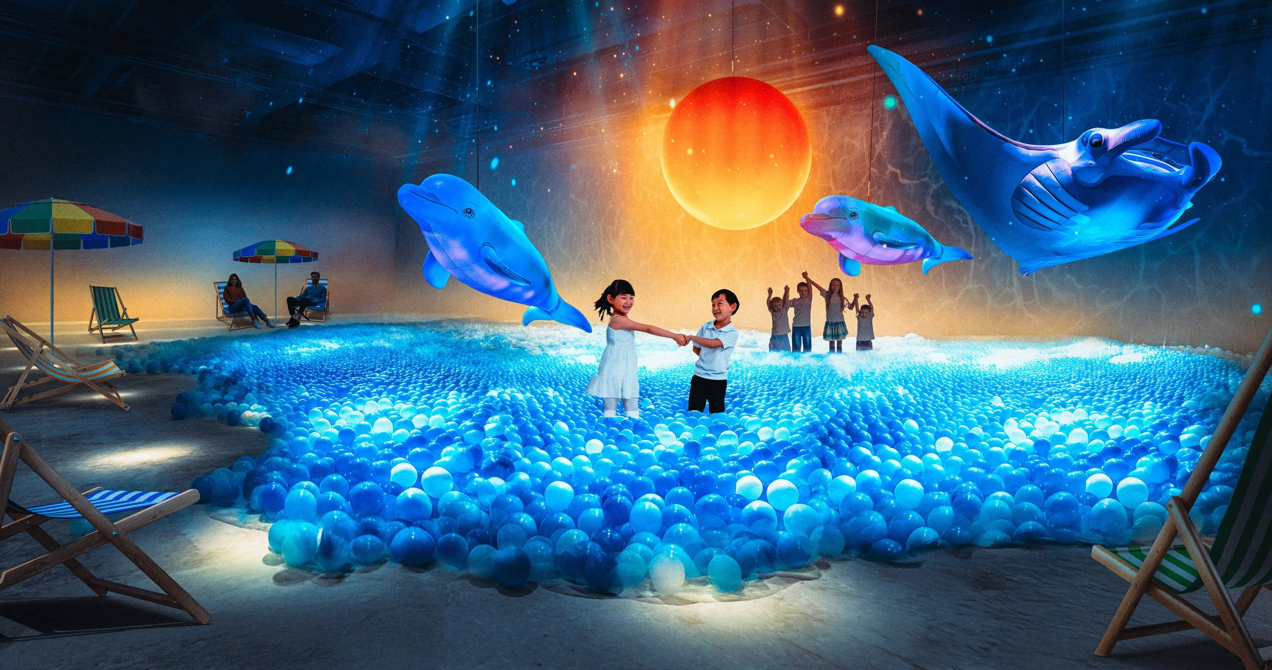 Ball Pit Experience Concept: Immersive concept centered around a large-scale ball pit environment, combining playful interaction with surreal ocean-inspired visuals to create a spectacle-driven experience.