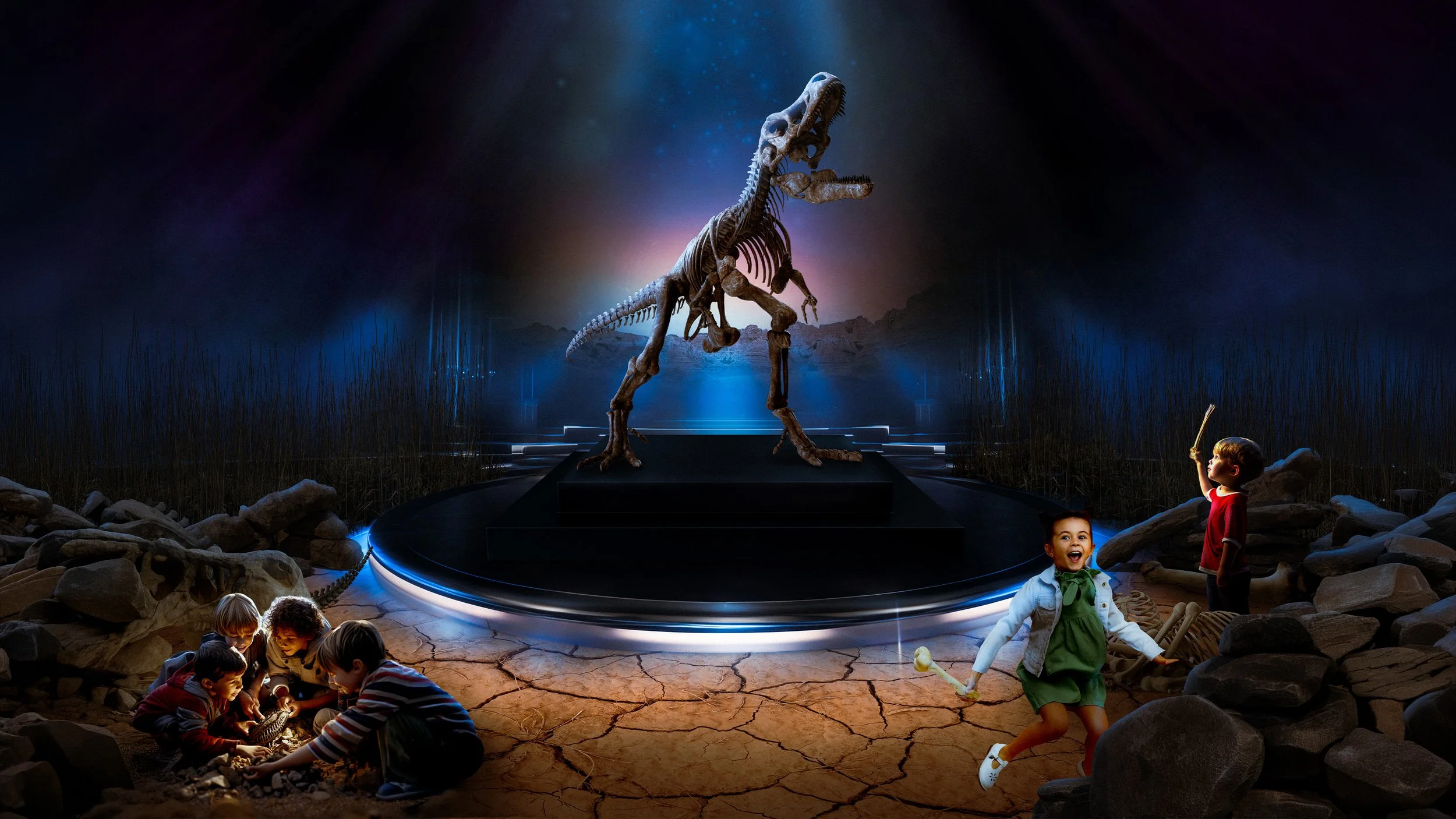 Dinosaur Experience Concept: Concept exploring a museum-style immersive experience, using scale, lighting, and environment to create a sense of discovery and wonder.