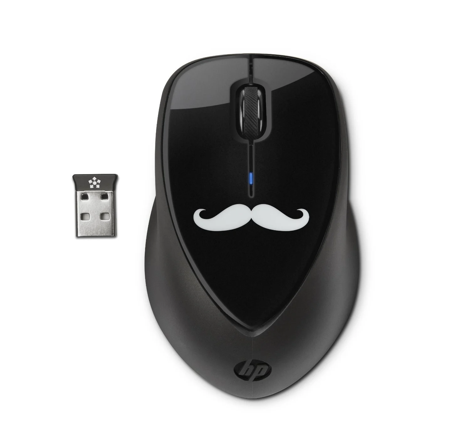 Wireless computer mouse with a mustache decal and the HP logo, placed next to a USB receiver.