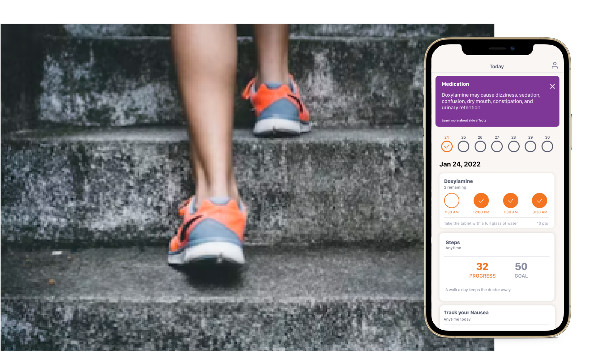 Person wearing orange and gray athletic shoes walking up wet outdoor steps, with a smartphone displaying a medication tracking app overlay.