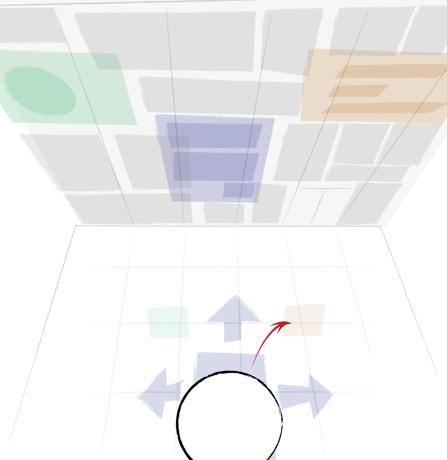 An illustration of the top view of a virtual environment showing a controller with direction arrows and a red curved arrow, with a blurred background of grid patterns and colorful rectangles.