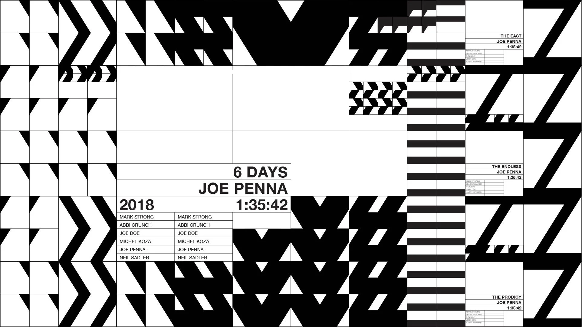 Black and white geometric patterned background with overlaid text about a film titled '6 Days' by Joe Penna, including cast, crew, and duration details.